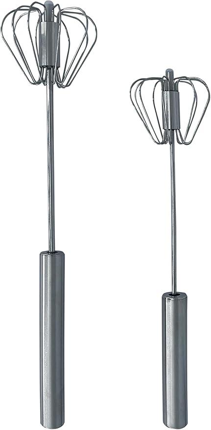 Balevi Stainless Steel Push Whisk - Easy to Use Manual Hand Mixer & Plunger Whisk - Make Froth, Foam & Whipped Cream - Semi Auto Egg Beater Plastic Tip Won’t Scratch Pans (2 Pack 10in & 12in) STEEL