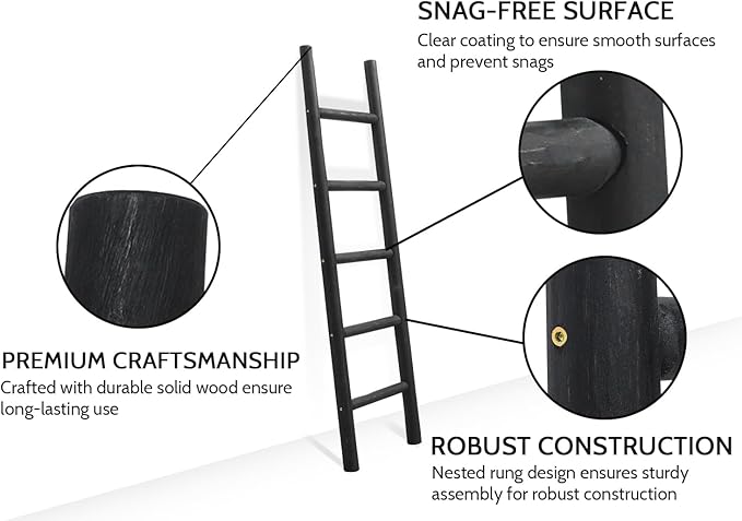 FUIN 57in Wood Blanket Ladder Living Room Decorative Wall Leaning Farmhouse Quilt Display Holder Rustic Wooden Towel Rack for Bathroom, Black