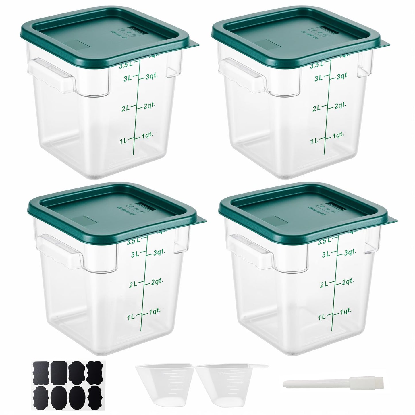 4 Pack 4QT Food Storage Containers with Green Lids - Square, Clear