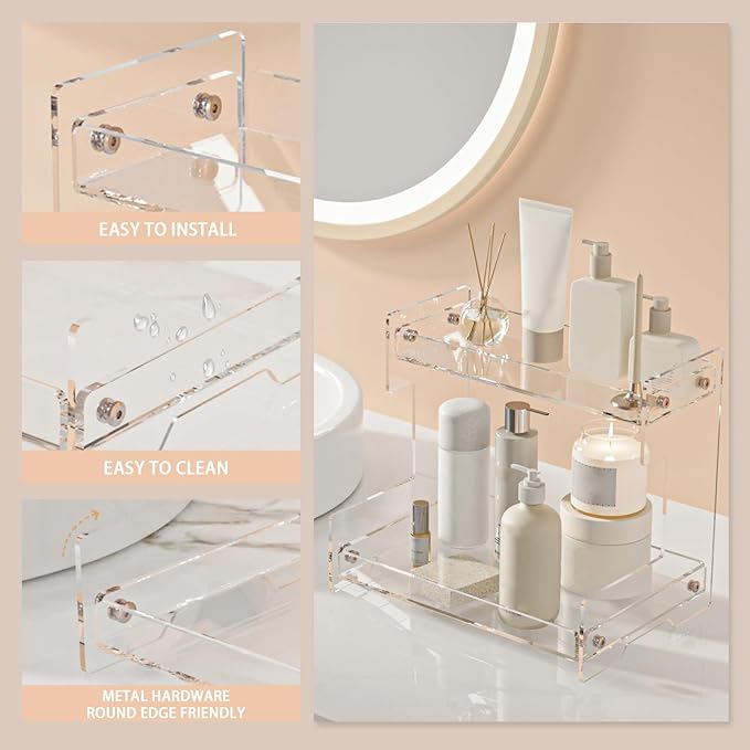 Bathroom Counter Organizer Countertop 2 Tier Storage Acrylic Corner Makeup Organizer for Perfume Stand, Vanity Holder, Dresser Tray, Spice Rack, Skincare, Coffee Bar, Room Decor (Clear)
