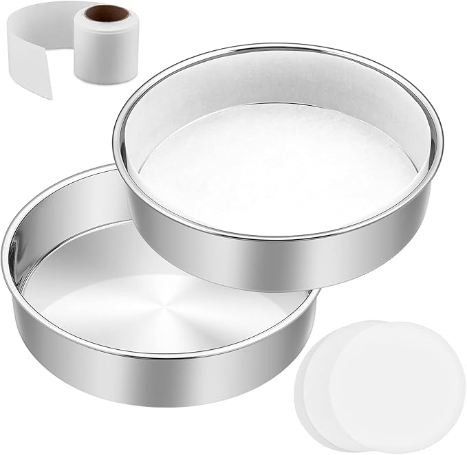 8 Inch Cake Pan Set of 3, E-Far Stainless Steel Round Layer Cake Baking Pans with Parchment Rounds & Side Liner Roll, Non-Toxic & Healthy Metal Cakes Tin, Straight Side & Dishwasher Safe