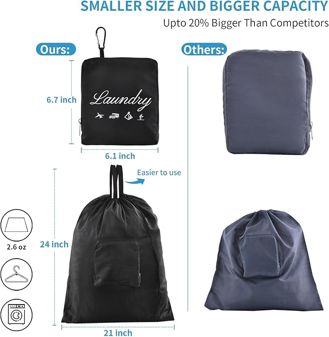 JHX Travel Laundry Bag, Dirty Clothes Organizer【Upgraded】with Handles and Aluminum Carabiner, Collapsible Laundry Bag for Travel, Camp, Fitness, and Students（1Pcs Black） 24"L x 21"W