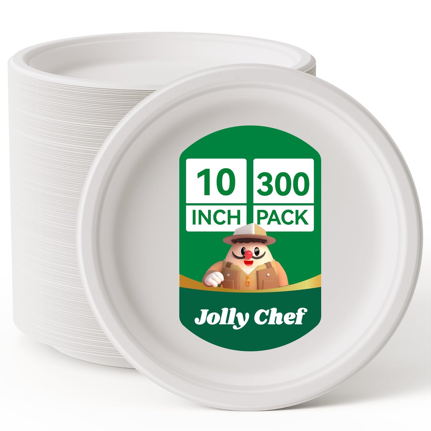 JOLLY CHEF Compostable Heavy Duty Plates 𝟭𝟬 𝗜𝗻𝗰𝗵 [𝟱𝟬𝟬 𝗣𝗮𝗰𝗸] Eco-Friendly Disposable Paper Plates Natural Bagasse Biodegradable Sugarcane Bulk for Party Hot Cold Dinner Christmas (Brown)