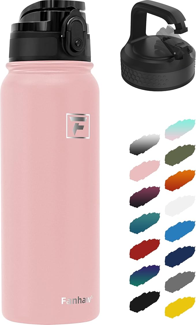 Fanhaw 20 oz Insulated Stainless Steel Water Bottle with Anti-Dust Chug Lid & Carabiner Lid, Leakproof Vacuum Metal Bottle for Kids, Women & Men (Pink)