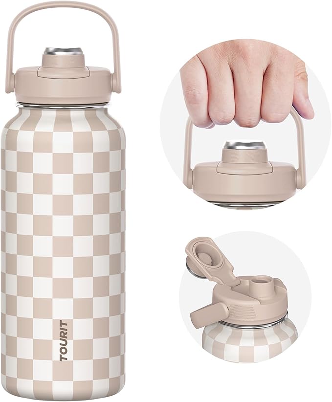 TOURIT 32 oz Insulated Water Bottle, Stainless Steel Sports Water Bottles With Top Handle, Double-Wall Travel Thermal Water Flask, BPA Free Leakproof Water Bottle,Light brown checkered