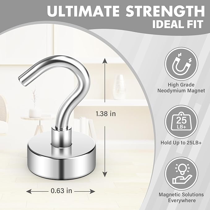 100Pack Heavy Duty Magnetic Hooks, 25 lbs Strong Neodymium Magnet Hooks for Hanging Mugs, Magnetic Key Holder for Fridge, Magnet with Hook for Cruise, Grill, Fridge - Silver