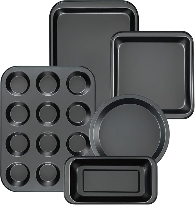 Nonstick Baking Pans Set, 5-Piece Kitchen Baking Sheets for Oven, Bakeware Sets with Round/Square Cake Pan, Muffin Pan, Loaf Pan, Roast Pan, mobzio Cookie Sheet Set Baking Supplies (Champagne Gold)