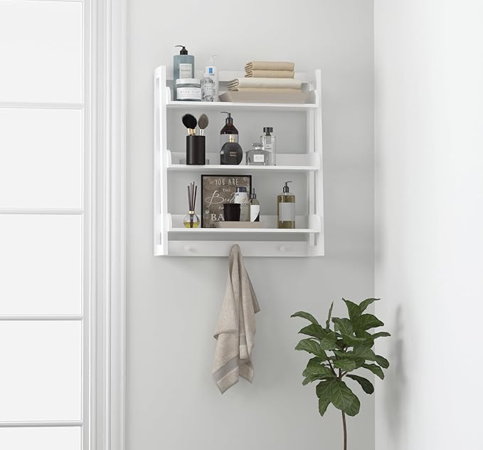 UTEX Bathroom Wall Shelf, Over Toilet Storage Shelf Organizer, 3-Tier Wall Mount Shelf Rack with Hook, White