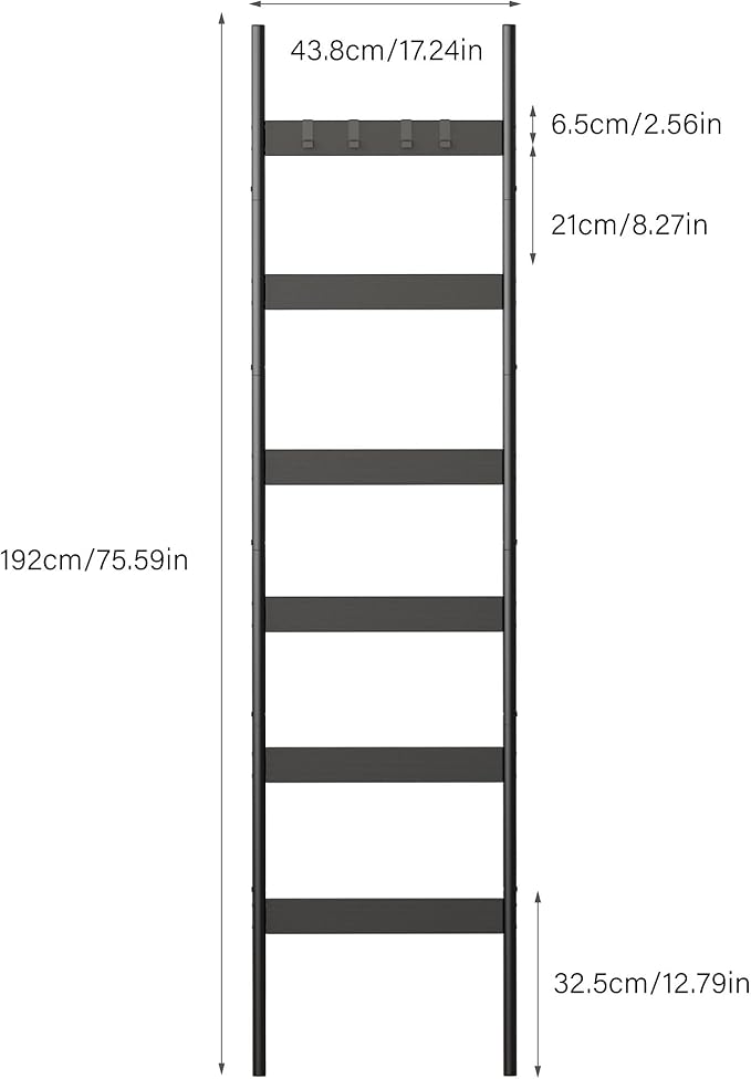 Blanket Ladder, 6-Tier Towel Holder with 4 Removable Hooks, Farmhouse Wall Leaning Decorative Rack Shelf, Wooden Towel Display Rack, Quilt Ladder for Living Room, Bedroom, Black