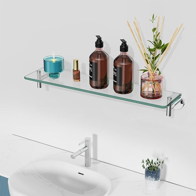 Glass Shelves for Bathroom,16-Inch Chrome Polished Floating Bathroom Shelf Stainless Steel Tempered Glass Shelf Modern Shelves Wall Mounted
