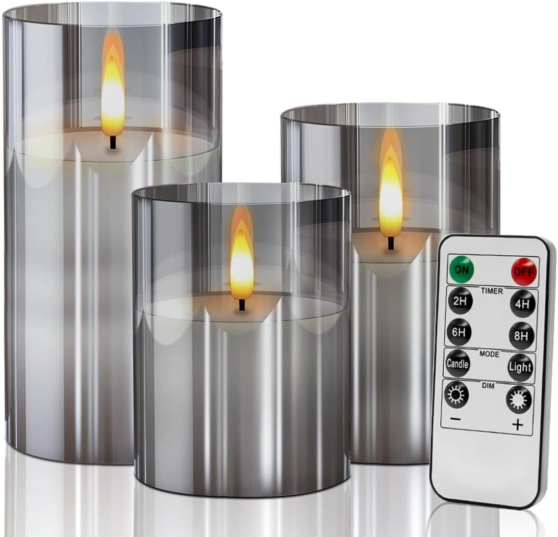 Gray Glass Flameless Candles Flickering with Remote, Timer, Battery Operated Moving Wick Realistic Warm Light Real Wax LED Candles for Party, Wedding, Festival Tabletop Decoration - Set of 3