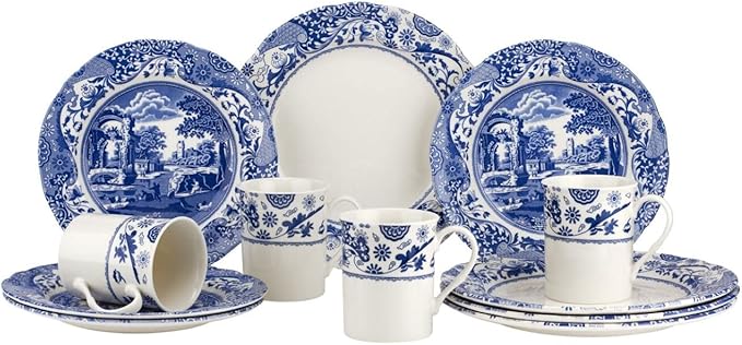 Spode Blue Italian Brocato 12 Piece Dinnerware Set | Service for 4 | Dinner Plate, Salad Plate, and Mug | Made of Fine Earthenware | Microwave and Dishwasher Safe