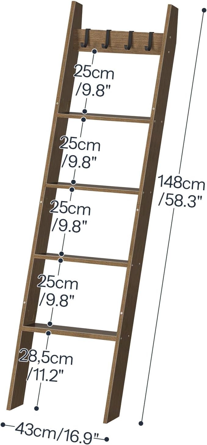 HOOBRO Blanket Ladder for Living Room and Bedroom, 5-Tier Wall Leaning Towel Rack for Bathroom, Decorative Ladder Shelf with 4 Removable Hooks, Farmhouse Blanket Storage, Mocha MA51CJ01G1