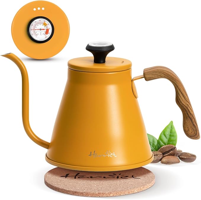 Harriet Gooseneck Kettle with Thermometer for Pour Over Coffee and Tea, 37 fl oz, Stainless Steel, Durable 3-Layer Base, Ideal Spout for Precision Pouring, Compatible with all Stove Tops, Orange
