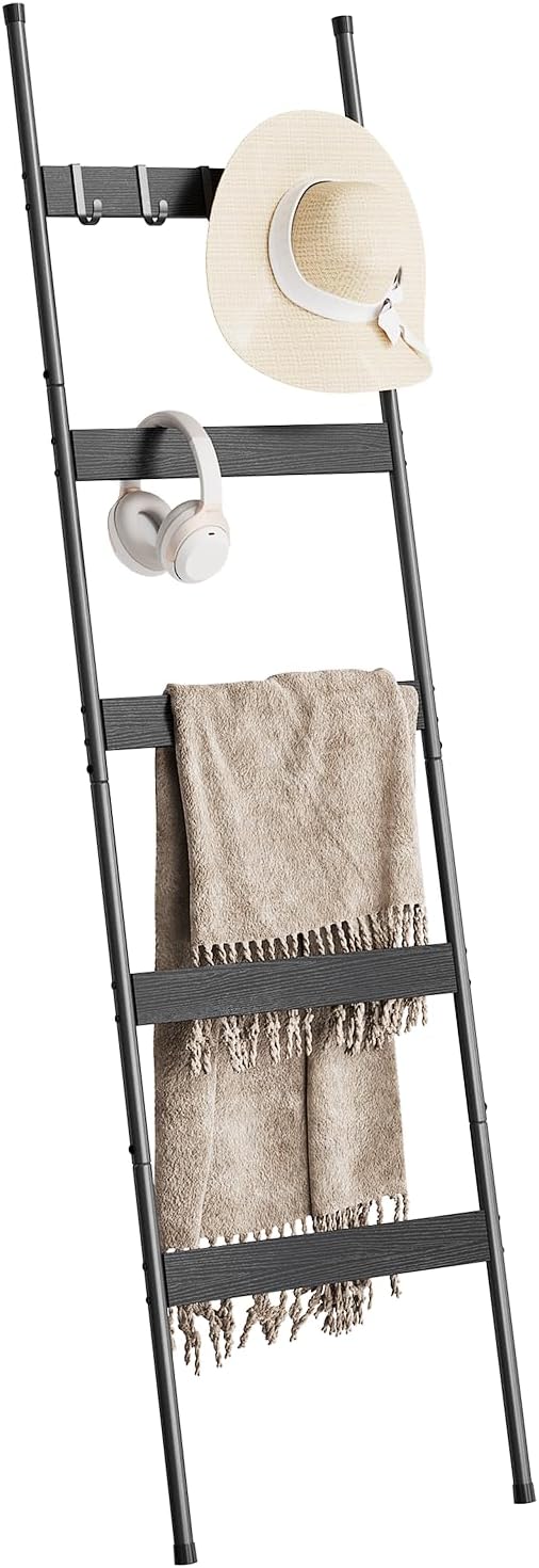 ELYKEN Blanket Ladder for Living Room, Farmhouse 5-Tier Quilt Holder with 4 Removable Hooks for Bathroom, Wood Towel Rack Display, Wall Anchor Leaning Decorative Stand for Home, Black