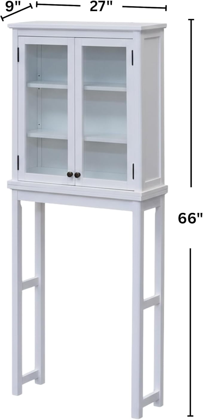 Alaterre Furniture Dorset Over-The-Toilet Storage Cabinet with Tempered Glass Doors – White Wood Bathroom Space Saver Organizer with Adjustable Shelves, Hutch & Wall Mount Hardware