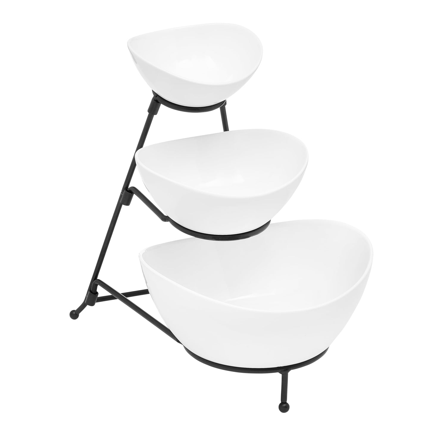 Sheffield Home 3 Tier Stoneware Large Serving Bowls Set with Metal Stand - Microwave & Dishwasher Safe Fruit Bowl & Chip and Dip Servings Set - Serving Dishes for Party, Kitchen & Side Dishes (White)