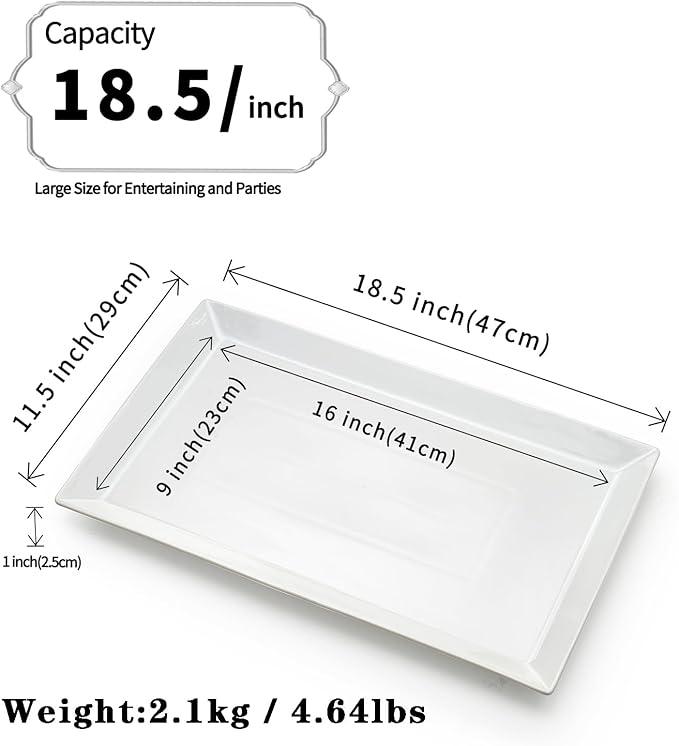MIECOO Large Serving Platter, 18.5" x 11.5" White Porcelain Serving Tray