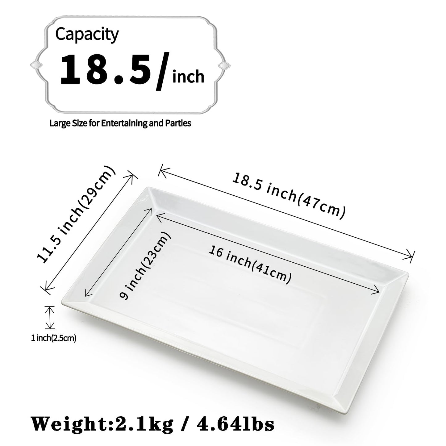MIECOO Large Serving Platter, 18.5" x 11.5" White Porcelain Serving Tray