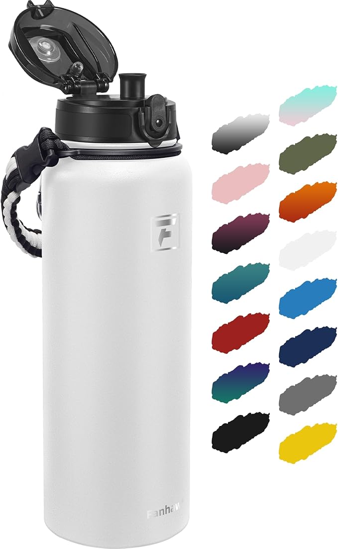 Fanhaw 40 oz Insulated Stainless Steel Water Bottle with Chug Lid, Leakproof & Sweat-Free Extra-Large Metal Bottle for Outdoor, Hiking & Gym (White)