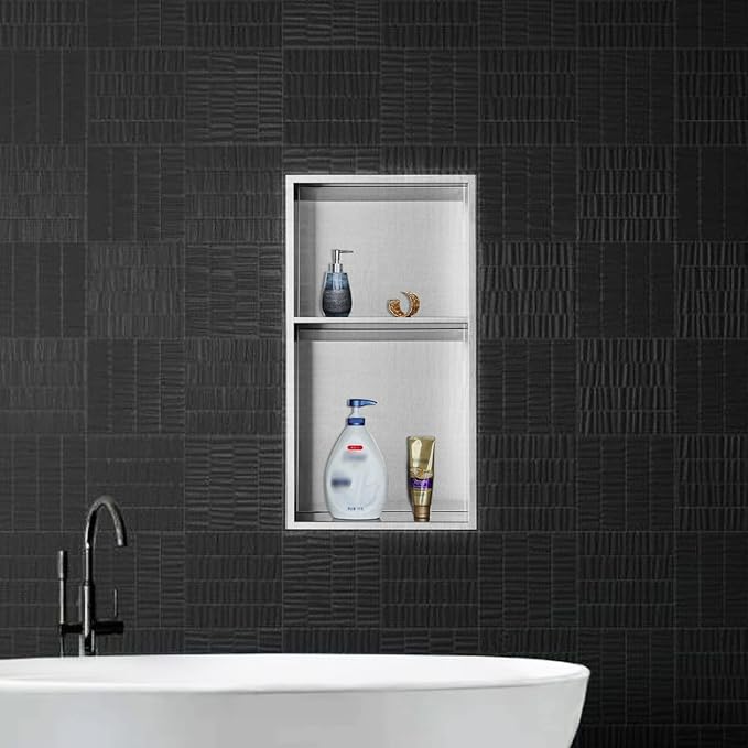 Neodrain No Tile Shower Niche, Brushed Stainless Steel Bathroom Shelf 24" X 12", Two-Tier Stainless Cubby, Bathroom Niche Cubby for Storage, No Tile Needed Recessed