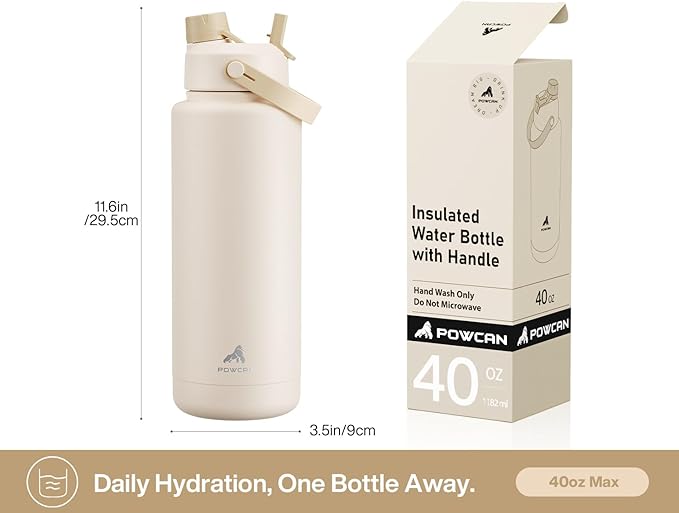 POWCAN 40 oz Insulated Water Bottle with 2-in-1 Straw and Spout Lid, Keep Cold 24H, Leak-Proof, BPA-Free, Double Wall Stainless Steel Water Bottle for Sports, Gym, Travel, and School (Mousse)