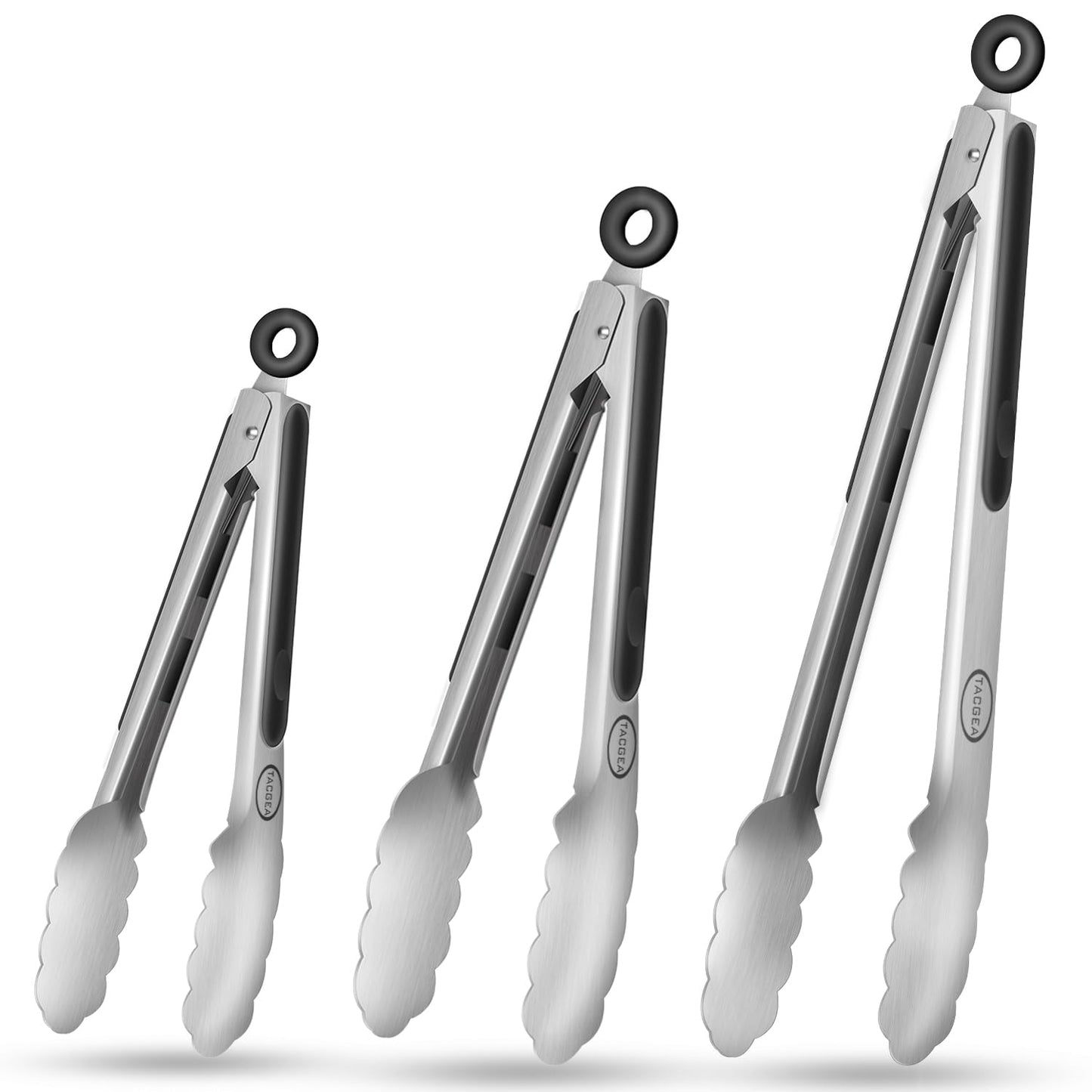 TACGEA Stainless Steel Kitchen Tongs, Silicone Non-slip Grip, Locking Grilling Food Tongs Set of 3-7inch, 9inch and 12inch
