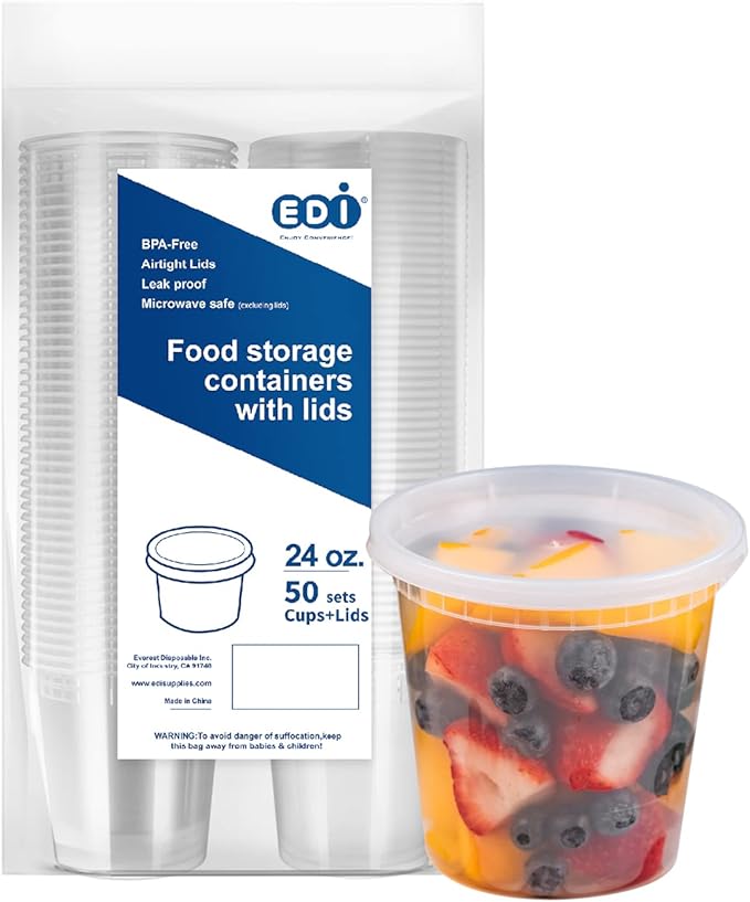 EDI D16050 16 oz Plastic Deli Food Storage Containers with Airtight Lids, Microwave/Freezer/Dishwasher Safe, BPA Free, Heavy-Duty, Leakproof, Recyclable, 50 Sets