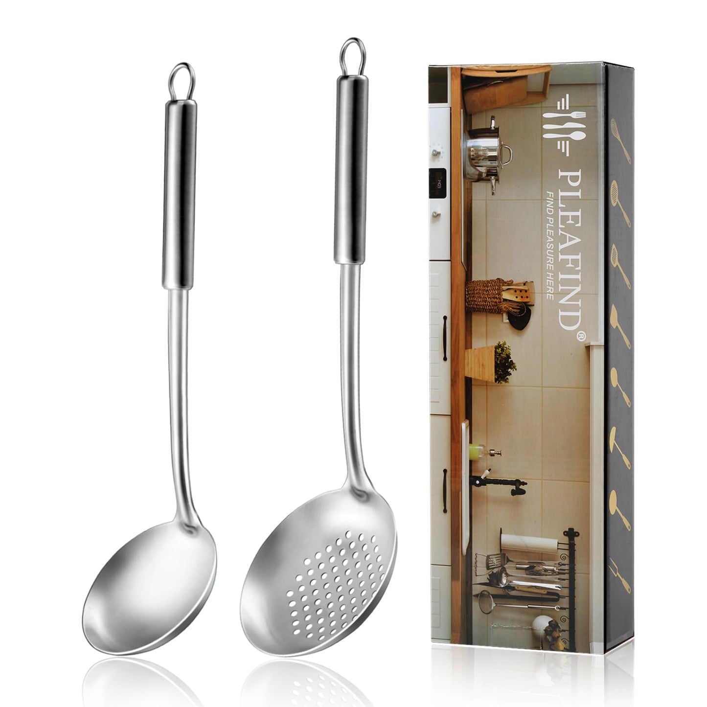 Pleafind Cooking Utensils Set - 4 Pcs Stainless Steel Kitchen Utensils Set with Solid Turner, Slotted Turner, Serving Ladle, Slotted Spoon, Wok Utensils Set with Heat Resistant Handle, Dishwasher Safe
