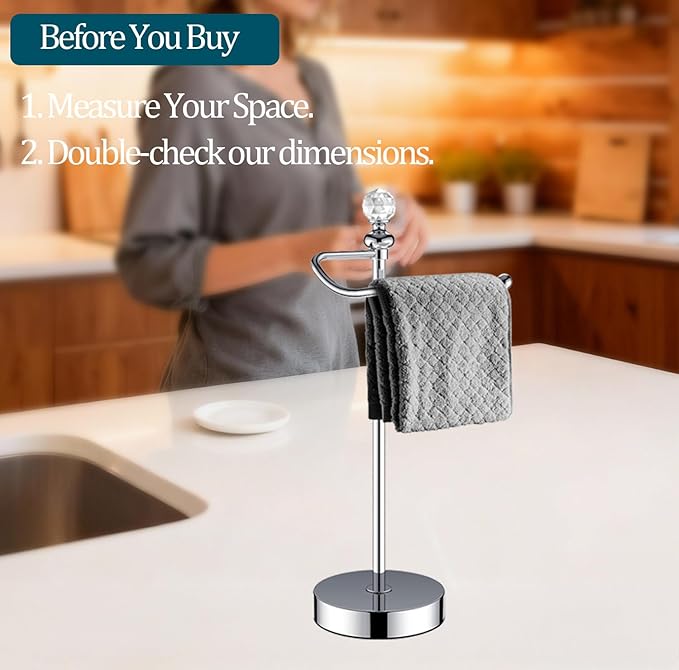 Bath Hand Towel Holder Standing, Stainless Steel Stable Free-Standing Towel Bar for Bathroom Kitchen Countertop, Rustic Towel Ring Stand with Crystal Ball 15.7” H (Polished Chrome, 2 Pack)