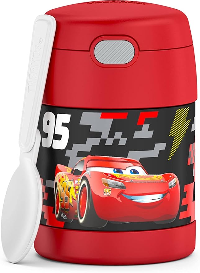 THERMOS FUNTAINER Insulated Food Jar, 10 Ounce, Kid Friendly Food Jar with Foldable Spoon, Cars