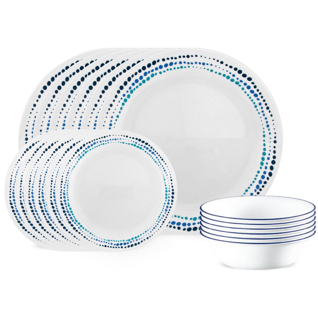 Corelle Vitrelle 18-Piece Service for 6 Dinnerware Set Triple Layer Glass and Chip Resistant, Lightweight Round Plates and Bowls Set, City Block