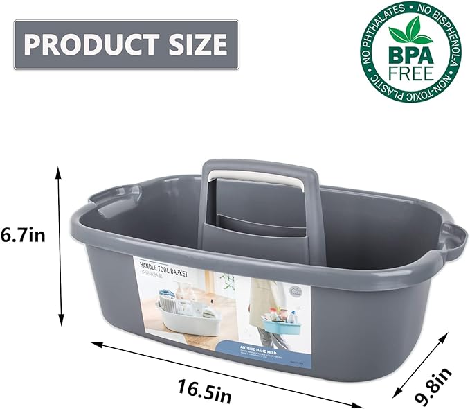 JiatuA Large Cleaning Supplies Caddy Portable Shower Basket Supply Organizer with Handle Plastic Bucket Tool Storage for Bathroom, Bedroom, Kitchen, College Dorm, Garden, Dark Gray