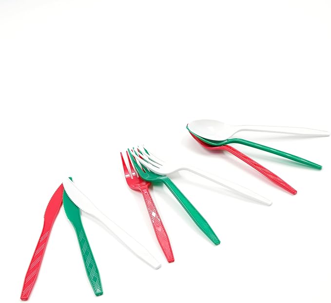 DX DENGXUAN 360-Piece Christmas Plastic Tableware Set, Disposable Heavy Tableware Set, Including 120 Red, Green and White Knives and Spoons, Christmas Party Supplies