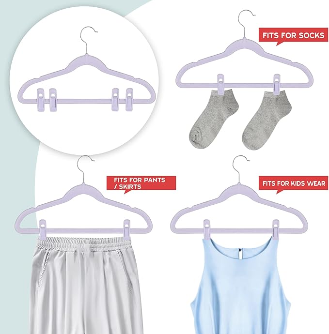Tinfol Velvet Hanger Clips Light Purple, 24Pcs Pant Hangers Velvet Clips, Large Opening Clip Clothes Pin, Strong Finger Clip Perfect for Thin Skirt Pant Hangers