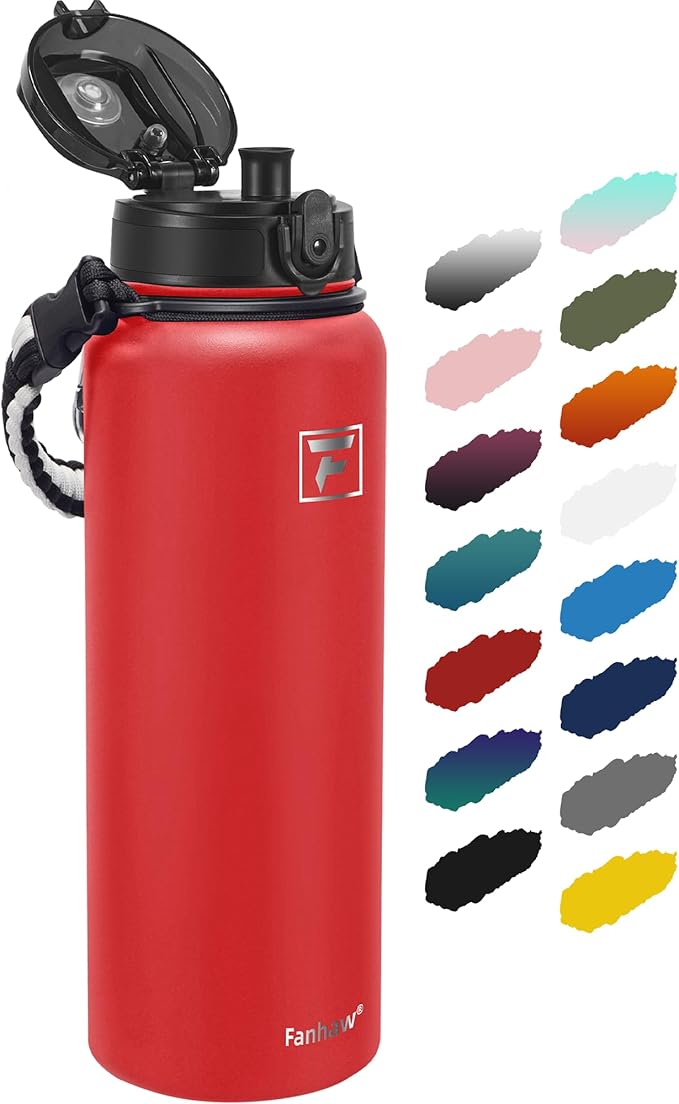 Fanhaw 40 oz Insulated Stainless Steel Water Bottle with Chug Lid, Leakproof & Sweat-Free Extra-Large Metal Bottle for Outdoor, Hiking & Gym (Red)
