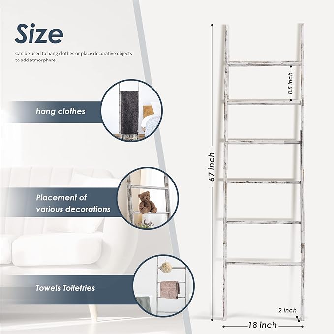 6-Tier Blanket Ladder Wooden, 5.7FT(66.5'') Blanket Quilt Towel Holder Rack Decorative Ladder, Easy Assembly, Rustic Farmhouse Ladder Shelf for the Living Room Bedroom Bathroom Home Decor, White Wash
