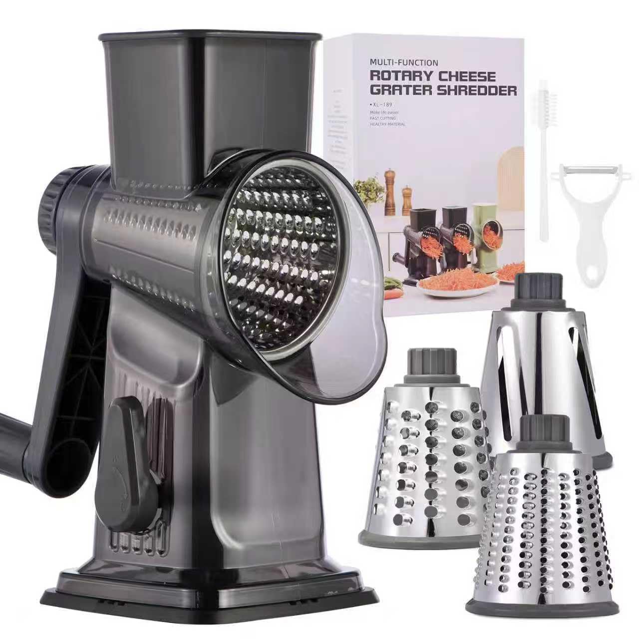 Rotary Cheese Grater with Handle Kitchen Shredder Slicer Grater Slicer Ice Shaver Cheese Vegetable Nuts Potato Zucchini Chocolate 3 Interchangeable Blades (Grey TSP)