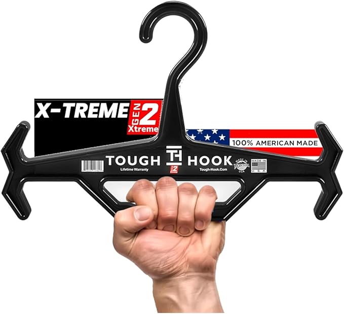 Tough Hook Original Xtreme Heavy Duty Hanger - The Superhero of Hangers USA-Made 200lb Capacity - Anti-Slip Design for Police Body Armor, Scuba BCD & Wetsuits - Durable ABS DuraResin, 1 Pack Black