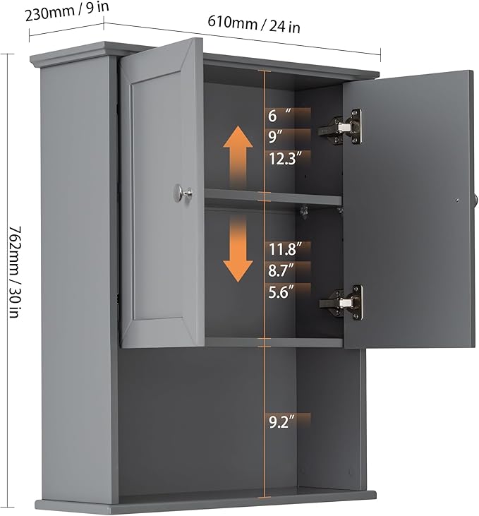 Grey Wall Mounted Bathroom Cabinet 24x30 Inch Wooden Over Toilet Storage Cabinet with 2 Doors, Above Toilet Medicine Cabinets for Bathroom Laundry Room Bedroom Kitchen
