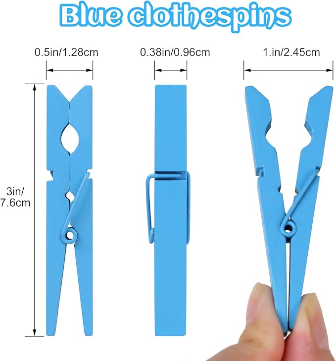 Phinus 72 Pcs Colorful Wooden Clothes Pins, 2.9 Inch Clothes Pins for Baby Shower Games, Hanging Clothes, Pictures, Photos, Classroom, Crafts, Decoration, Colorful Clothespins Heavy Duty (Blue)