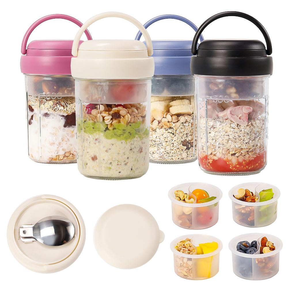 UWILLION 4 Pack Overnight Oats Containers with Handles, 16 oz Glass Mason Jars with Lids, Folding Spoons & Topping Compartments, Yogurt Parfait Cups for Weekly Meal Prep, Chia Pudding & Snacks