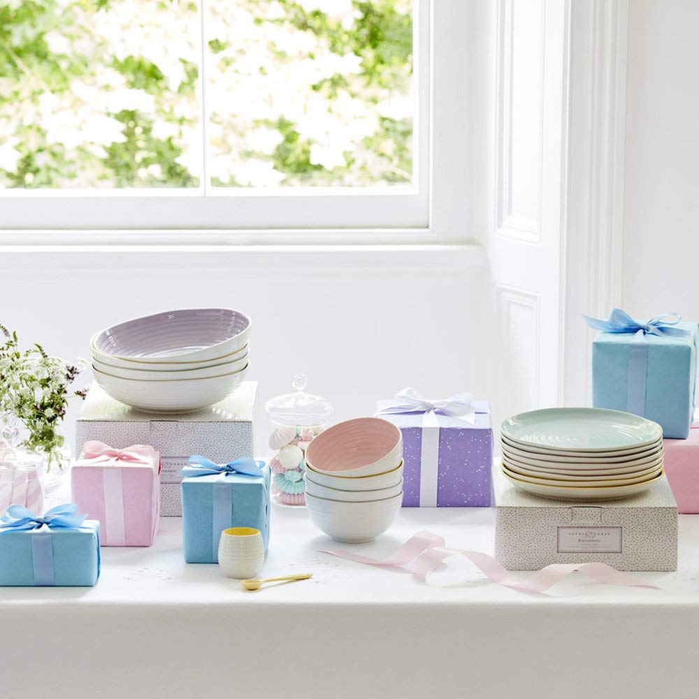Portmeirion Sophie Conran Celadon Pasta Bowls - Set of 4, 9 Inch Fine Porcelain Ripple Design Dinnerware for Pasta, Salad & Soup - Microwave, Dishwasher, Freezer & Oven Safe