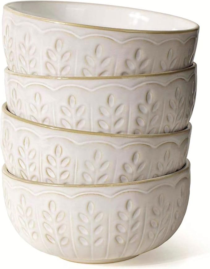 Artena Small Bowls Set of 4, 12 oz Ceramic Embossment Dessert Bowls, white Bowl for Kitchen, Ice Cream, Side Dishes, Rice, Cereal, Fruit, 4.5 Inch, Microwave & Dishwasher Safe, Wheat Leaf