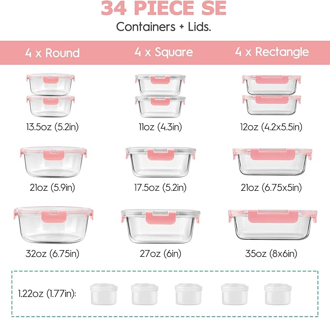 34pcs Glass Food Storage Containers with Lids Set, Airtight Glass Meal Prep Containers (17 Containers & 17 Lids), Leak Proof Lunch Container BPA-Free, Microwave, Oven, Freezer, Dishwasher Safe-PINK