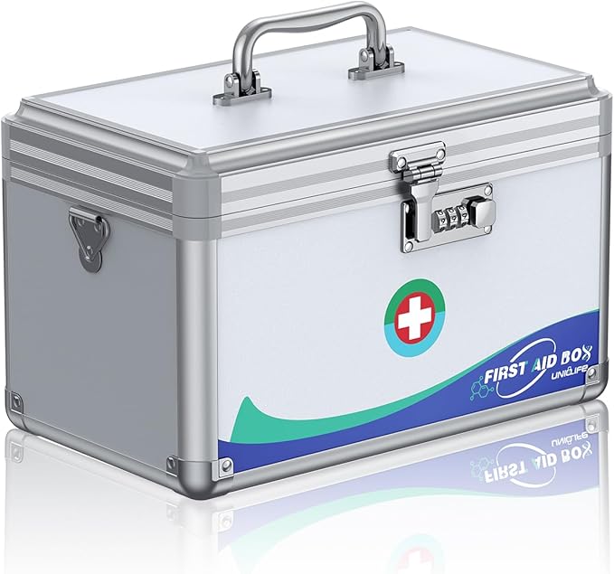 Uniclife Medicine Lock Box First Aid Box with Combination Lock, Handle & Shoulder Strap, Portable Medication Lock Box, 12" x 7" x 7.5" Silver Aluminum Alloy Storage Box