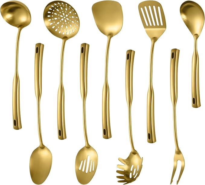 Izurok Kitchen Utensil Set, 9-Piece Cooking Utensil Set,Include 304 Stainless Steel Spatula Skimmer, Soup Ladle, Spaghetti Server,Slotted & Solid Spoon, Slotted Spatula Turner, Meat Fork(Silver）
