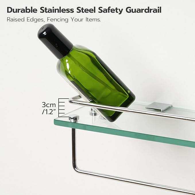 HOOBRO Glass Shelves for Bathroom, 15.7 Inch Floating Glass Shelf for Wall, Set of 2 Tempered Stainless Steel Wall Mounted Stand for Toilet, Room Decor, Silver SV02BJ01