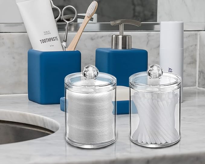2 Pack Qtip Holder Storage Canister for Cotton Ball, Cotton Swab, Pads, Floss; 10-Ounce Clear Plastic Apothecary Jar with Lid, Bathroom Makeup Organizer (2)