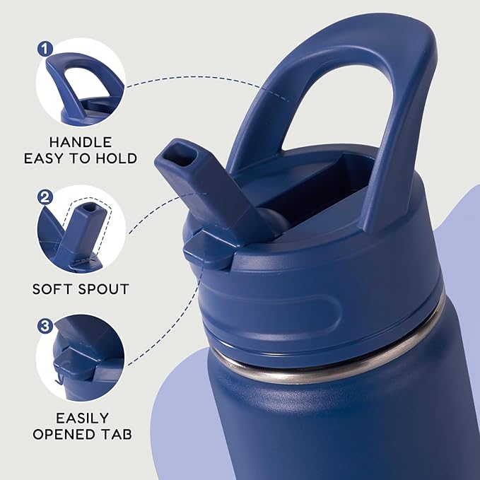 12oz Kids Water Bottle for School, Toddler Bottles with Straws, Stainless Steel Vacuum Insulated Water Bottle for Boys&Girls, Leak-Proof, BPA-Free, Blue Black